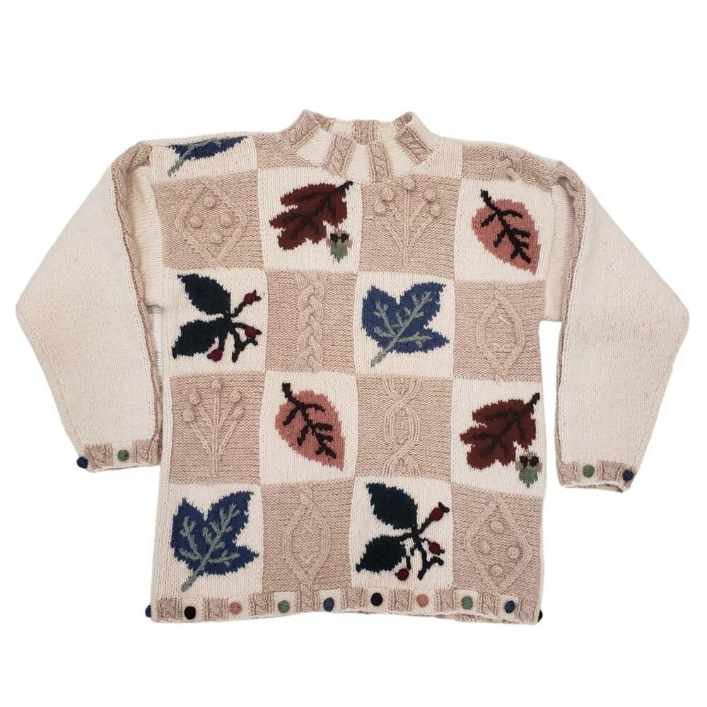 VTG Prides Landing Wool Sweater Cottagecore Patchwork‎ Hand Knit Womens L Cream